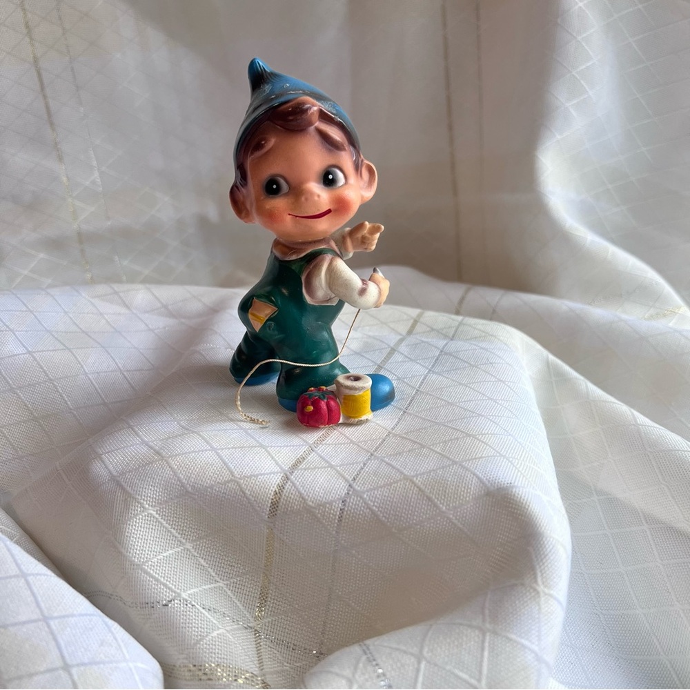 VTG Josef Originals Wee Folks Boy Figurine with Sewing Accessories. Repaired